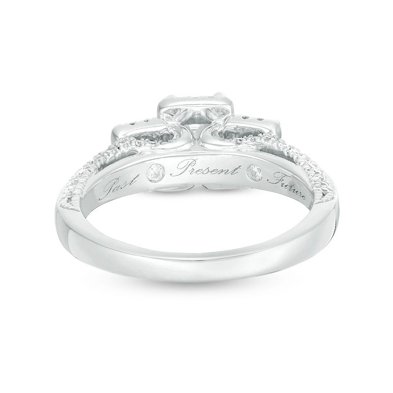 Main Image 4 of 1-5/8 CT. T.W. Certified Emerald-Cut Diamond Past Present Future® Frame Engagement Ring in 14K White Gold (I/SI2)