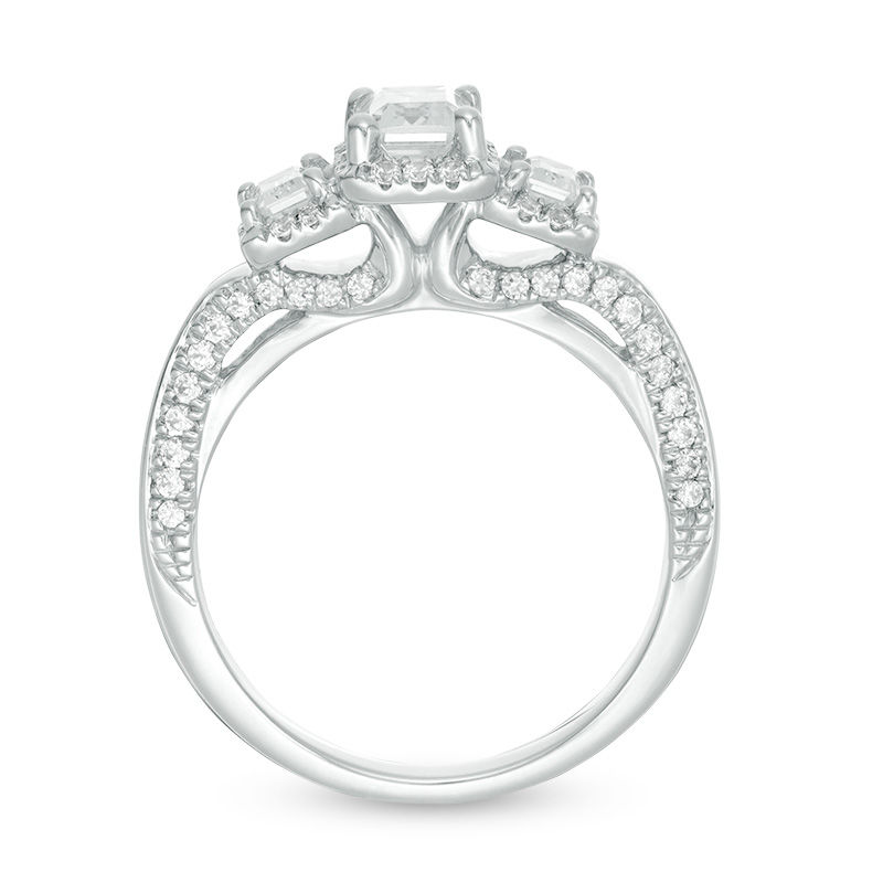 Main Image 5 of 1-5/8 CT. T.W. Certified Emerald-Cut Diamond Past Present Future® Frame Engagement Ring in 14K White Gold (I/SI2)