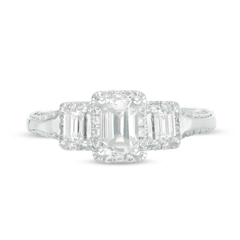 1-5/8 CT. T.W. Certified Emerald-Cut Diamond Past Present Future® Frame Engagement Ring in 14K White Gold (I/SI2)