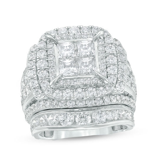 7 CT. T.w. Quad Princess-Cut Diamond Double Frame Collar Bridal Set in 14K White Gold