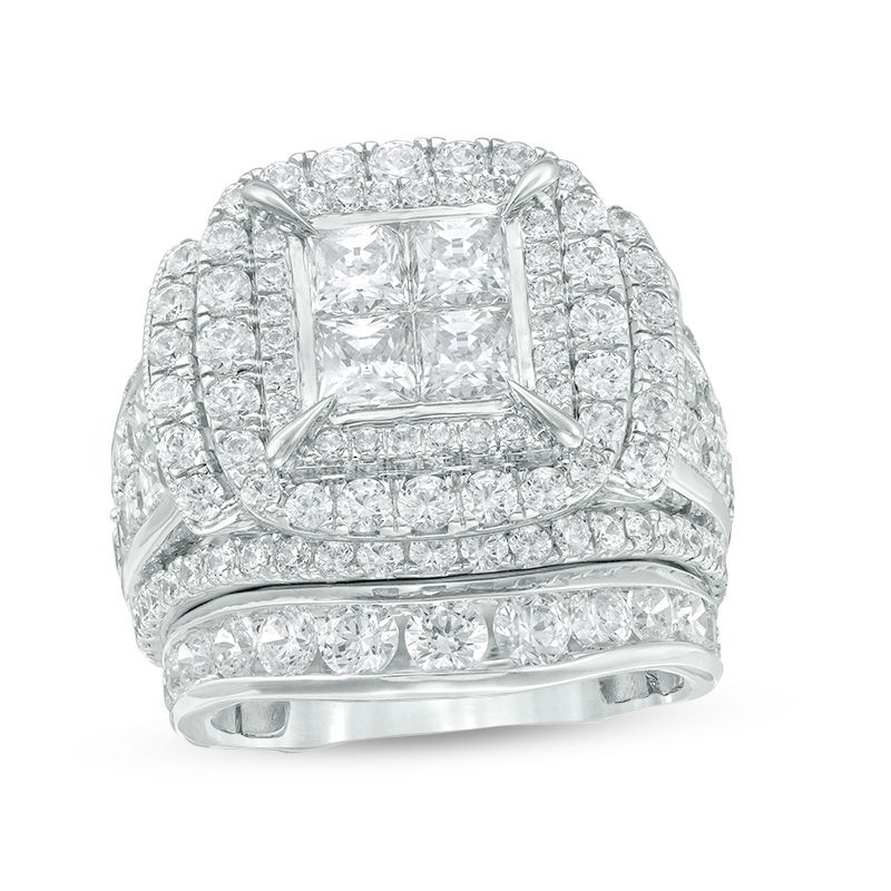 Main Image 1 of 7 CT. T.W. Quad Princess-Cut Diamond Double Frame Collar Bridal Set in 14K White Gold