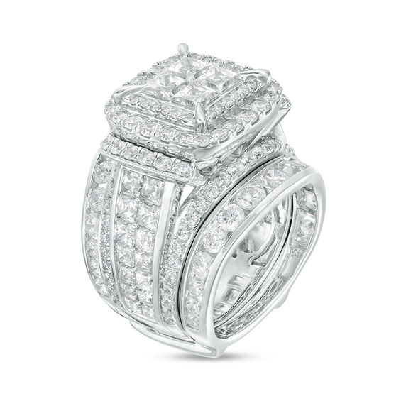 7 CT. T.w. Quad Princess-Cut Diamond Double Frame Collar Bridal Set in 14K White Gold