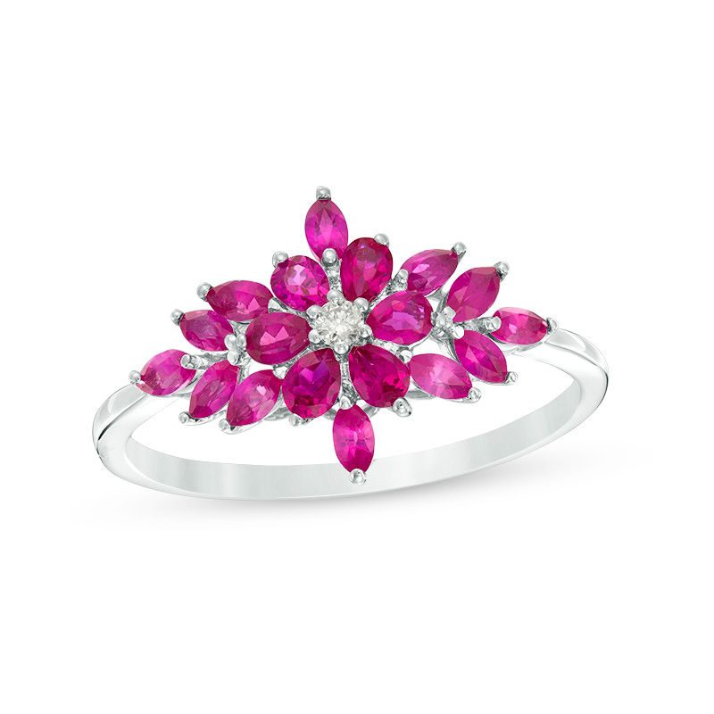 Main Image 1 of Marquise and Pear-Shaped Lab-Created Ruby and Diamond Accent Floral Ring in 10K White Gold