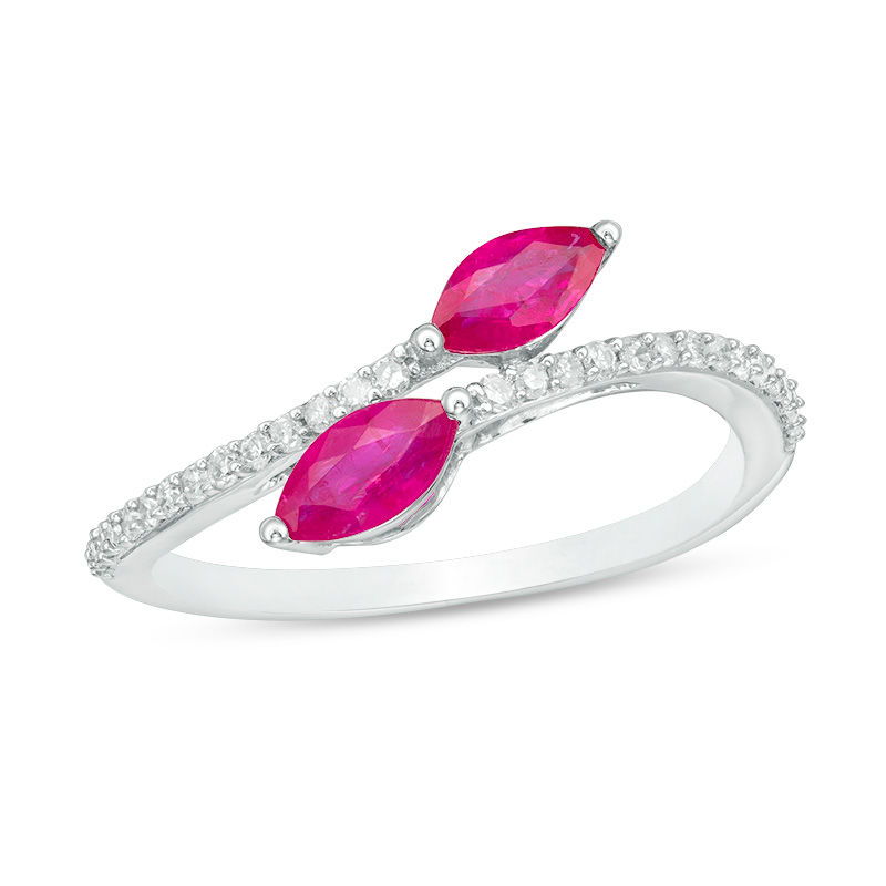 Main Image 1 of Marquise Ruby and 1/6 CT. T.W. Diamond Bypass Ring in 10K White Gold