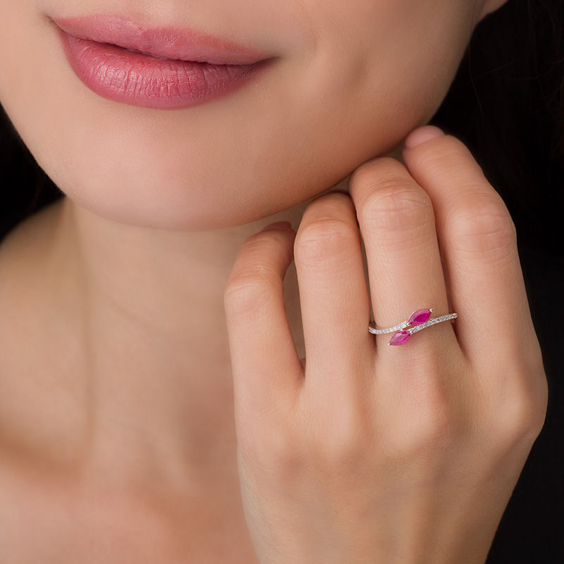 Main Image 3 of Marquise Ruby and 1/6 CT. T.W. Diamond Bypass Ring in 10K White Gold
