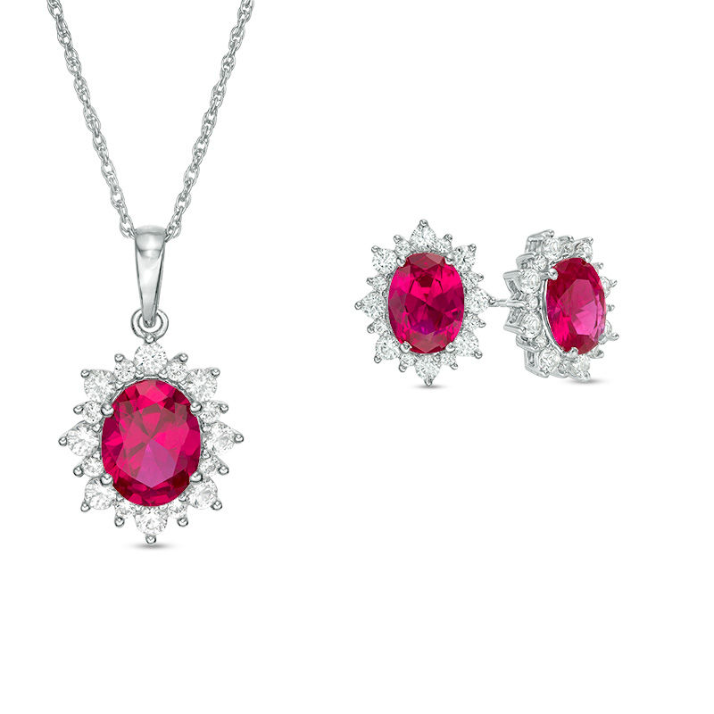 Main Image 1 of Oval Lab-Created Ruby and White Sapphire Starburst Frame Pendant and Stud Earrings Set in Sterling Silver
