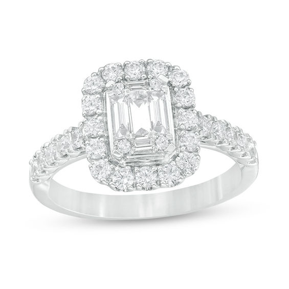 1 CT. T.w. Baguette and Round Composite Diamond Cushion Frame Engagement Ring in 14K White Gold