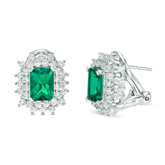 Emerald-Cut Lab-Created Emerald and White Sapphire Double Starburst Frame Stud Earrings in Sterling Silver