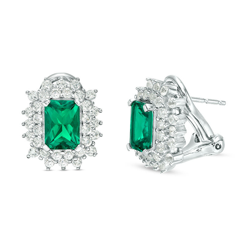Main Image 1 of Emerald-Cut Lab-Created Emerald and White Sapphire Double Starburst Frame Stud Earrings in Sterling Silver