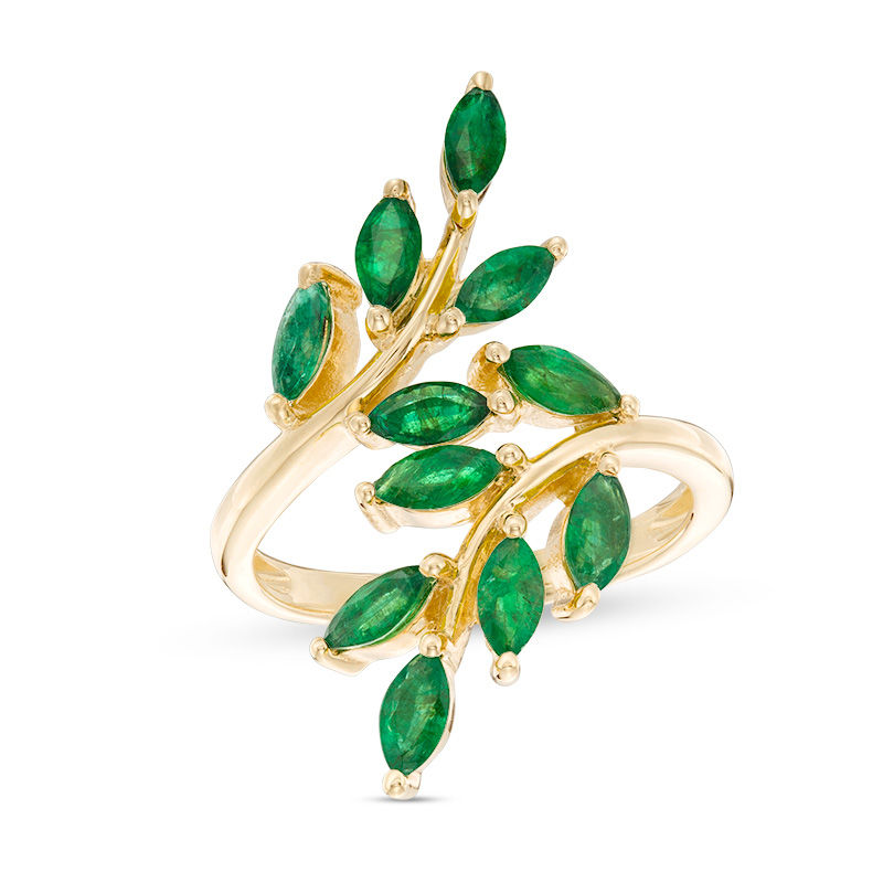 Main Image 1 of Marquise Emerald Leafy Branch Bypass Ring in 10K Gold