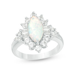 Marquise Lab-Created Opal and White Sapphire Starburst Frame Ring in Sterling Silver