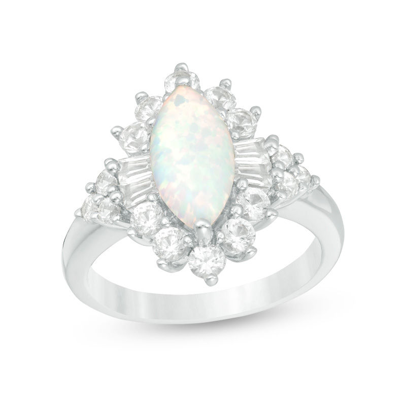 Marquise Lab-Created Opal and White Sapphire Starburst Frame Ring in  Sterling Silver