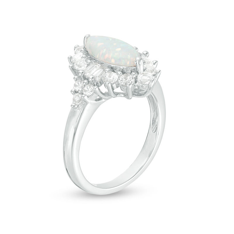 Marquise Lab-Created Opal and White Sapphire Starburst Frame Ring in Sterling Silver