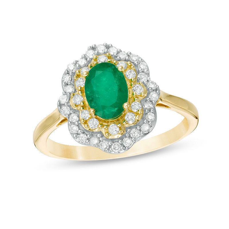Main Image 1 of Oval Emerald and 1/3 CT. T.W. Diamond Double Floral Frame Ring in 10K Gold