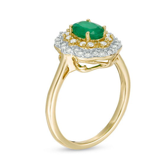 Oval Emerald and 1/3 CT. T.w. Diamond Double Floral Frame Ring in 10K Gold