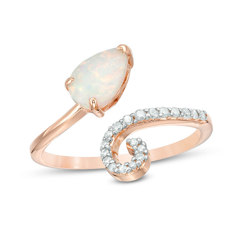 Main Image 1 of Pear-Shaped Lab-Created Opal and 1/8 CT. T.W. Diamond Curlique Bypass Ring in 10K Rose Gold