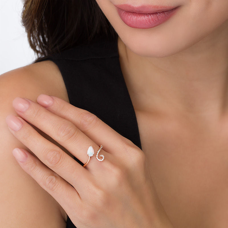Main Image 3 of Pear-Shaped Lab-Created Opal and 1/8 CT. T.W. Diamond Curlique Bypass Ring in 10K Rose Gold