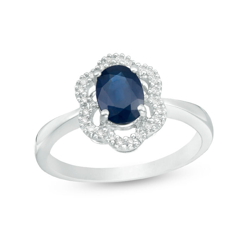 Oval Blue Sapphire and 1/15 CT. T.W. Scallop Frame Floral Ring in 10K White Gold