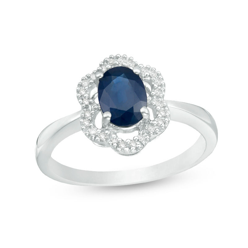 Main Image 1 of Oval Blue Sapphire and 1/15 CT. T.W. Scallop Frame Floral Ring in 10K White Gold