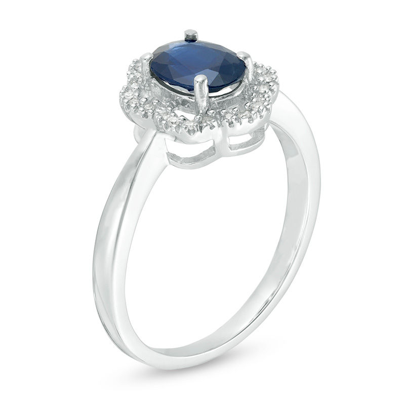 Main Image 2 of Oval Blue Sapphire and 1/15 CT. T.W. Scallop Frame Floral Ring in 10K White Gold