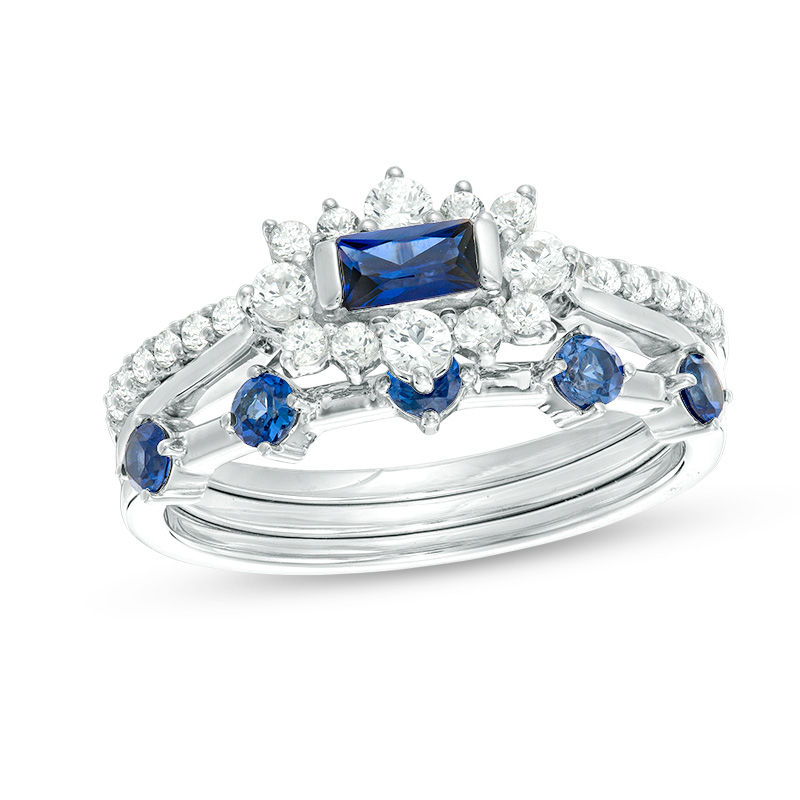 Main Image 1 of Lab-Created Blue and White Sapphire Three Piece Stackable Ring Set in Sterling Silver