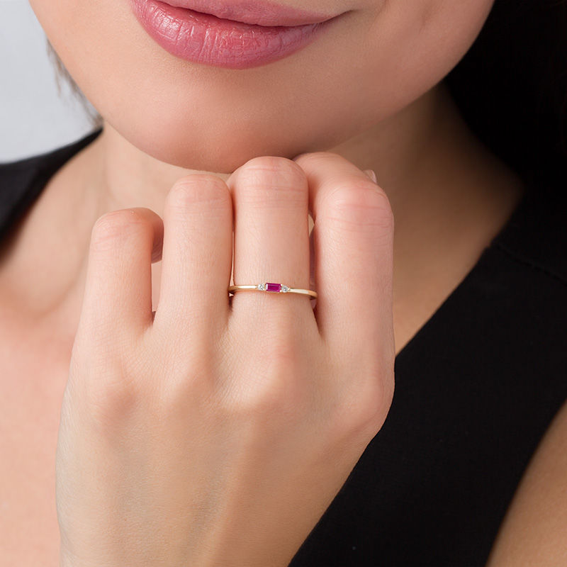 Main Image 3 of Baguette Ruby and Diamond Accent Stackable Band in 10K Gold