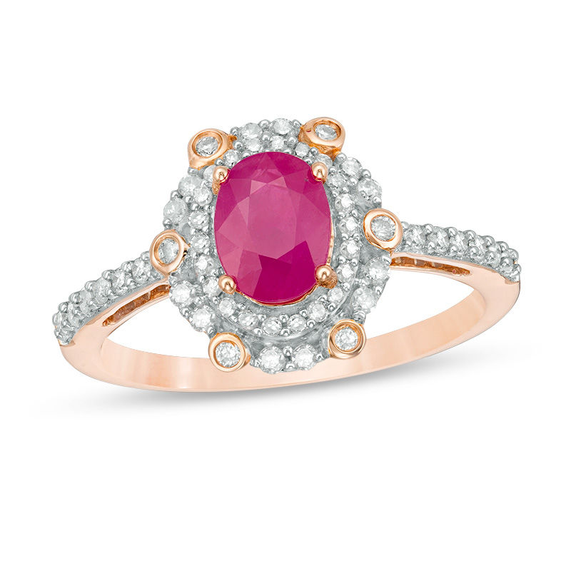 Main Image 1 of Oval Ruby and 1/3 CT. T.W. Diamond Double Frame Vintage-Style Ring in 10K Rose Gold