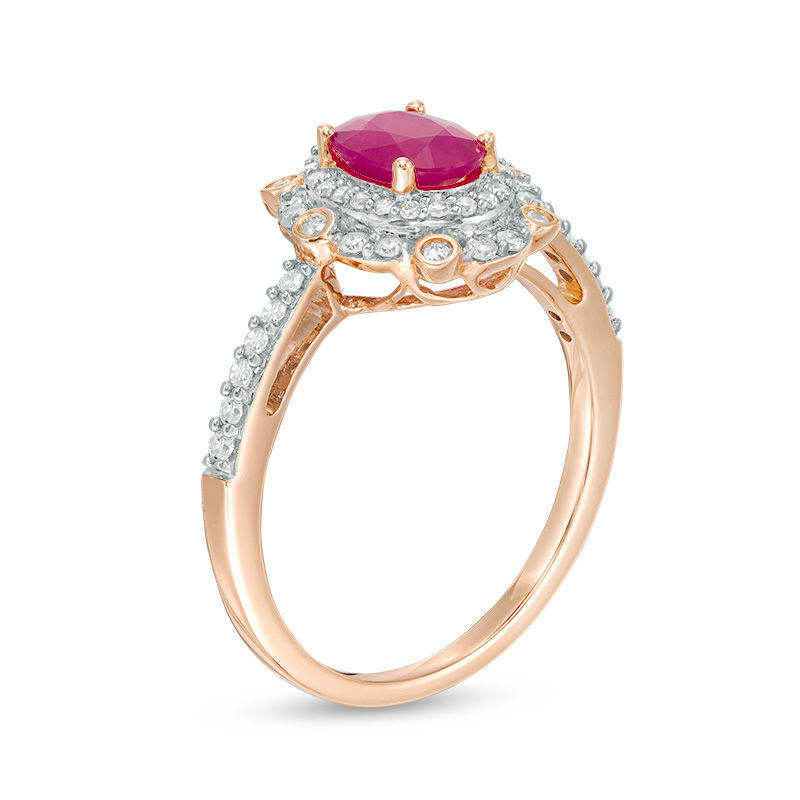 Main Image 2 of Oval Ruby and 1/3 CT. T.W. Diamond Double Frame Vintage-Style Ring in 10K Rose Gold