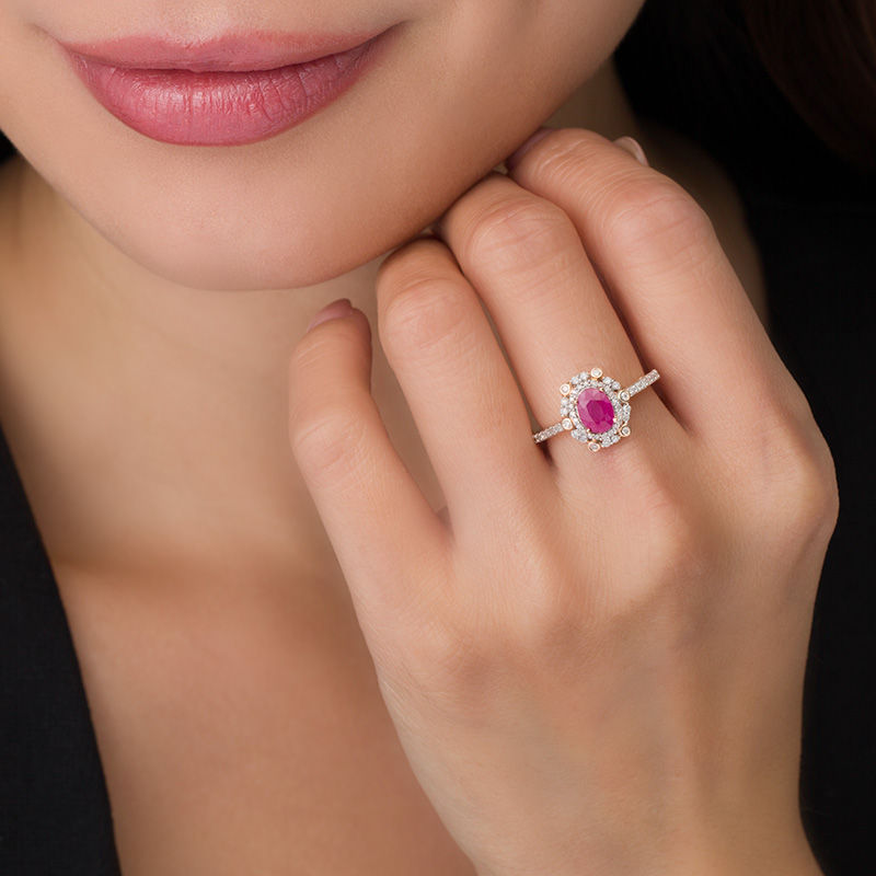 Main Image 3 of Oval Ruby and 1/3 CT. T.W. Diamond Double Frame Vintage-Style Ring in 10K Rose Gold