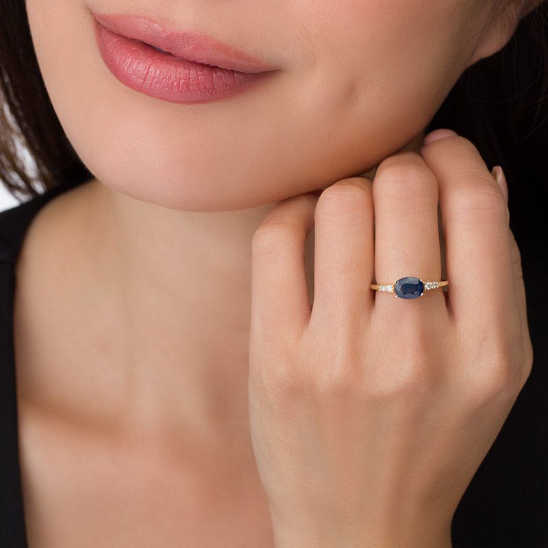 Main Image 3 of Oval Blue Sapphire and 1/10 CT. T.W. Diamond Ring in 10K Gold