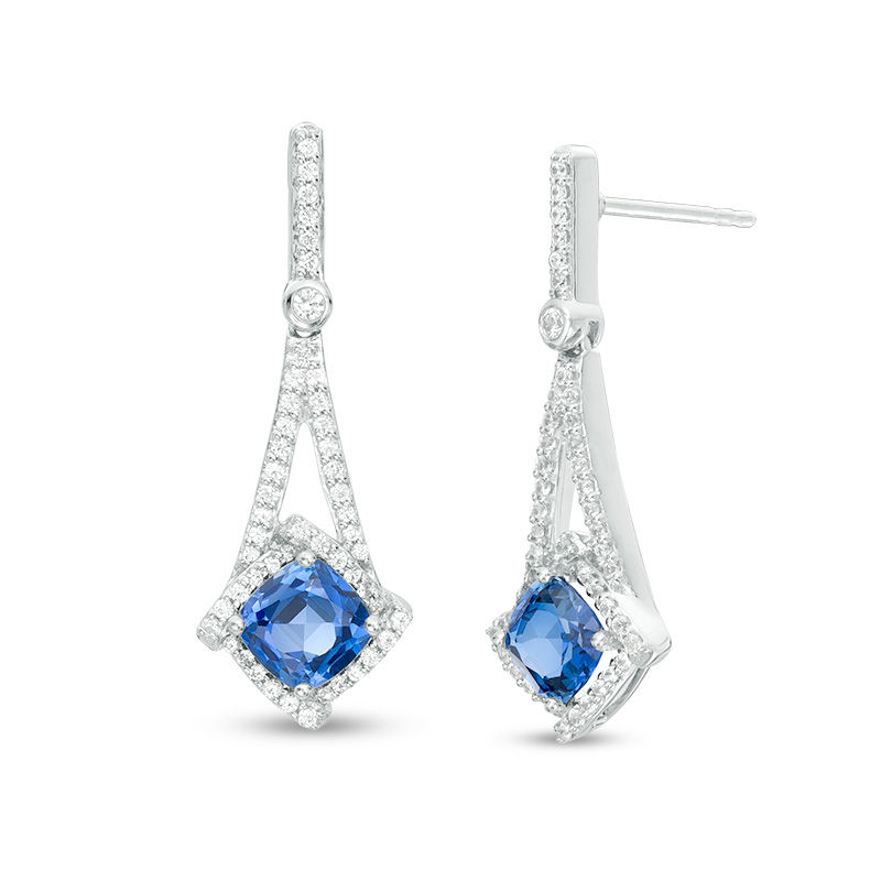 Main Image 1 of 6.0mm Cushion-Cut Lab-Created Blue and White Sapphire Swirl Frame Pendulum Drop Earrings in Sterling Silver