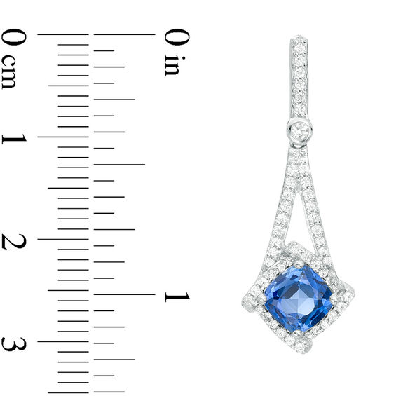 6.0mm Cushion-Cut Lab-Created Blue and White Sapphire Swirl Frame Pendulum Drop Earrings in Sterling Silver