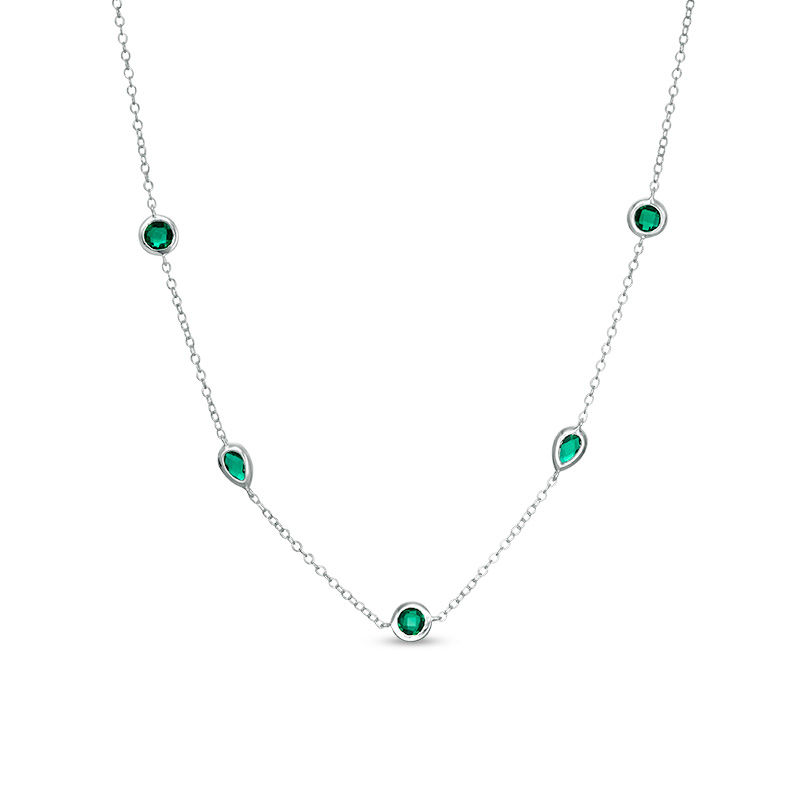 Main Image 1 of Pear-Shape and Round Bezel-Set Lab-Created Emerald Station Choker Necklace in Sterling Silver - 16"