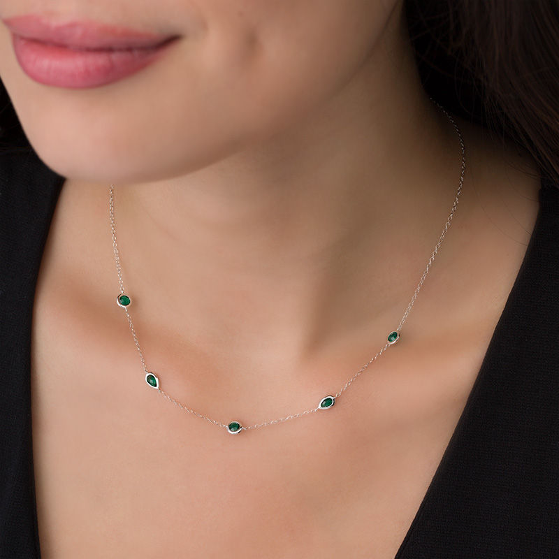Main Image 2 of Pear-Shape and Round Bezel-Set Lab-Created Emerald Station Choker Necklace in Sterling Silver - 16"
