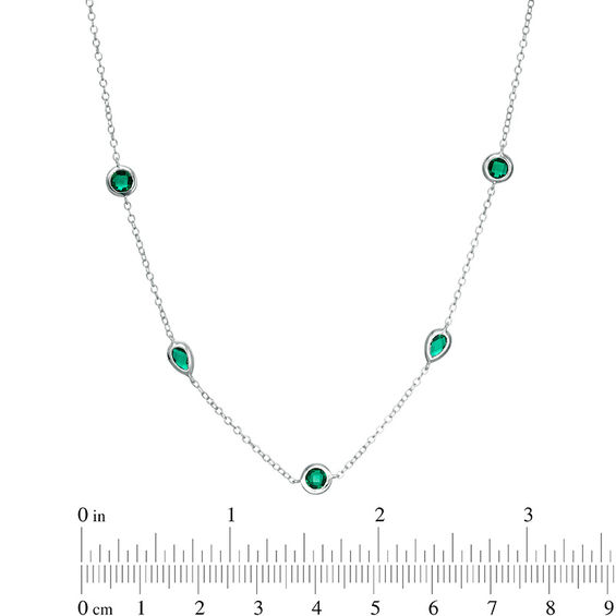 Pear-Shape and Round Bezel-Set Lab-Created Emerald Station Choker Necklace in Sterling Silver - 16"