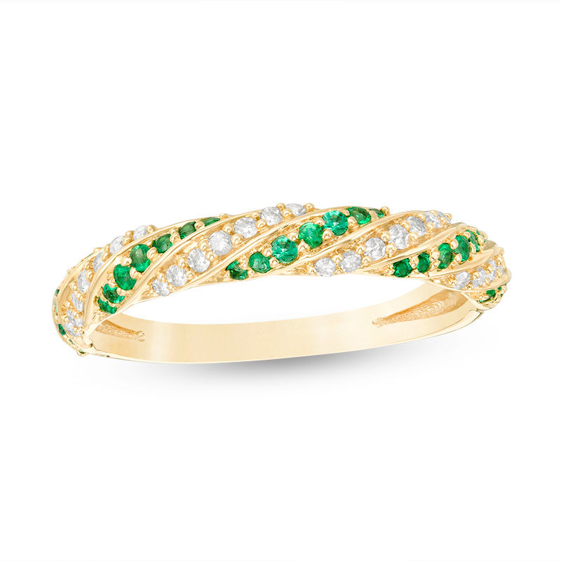 Main Image 1 of Emerald and 1/6 CT. T.W. Diamond Cascading Band in 10K Gold