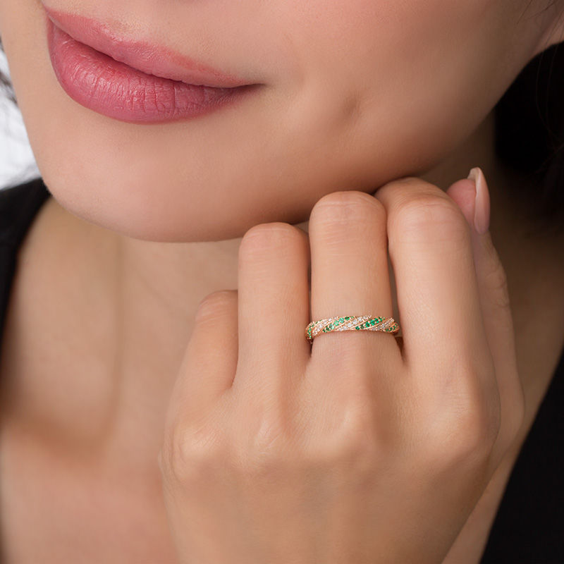 Main Image 3 of Emerald and 1/6 CT. T.W. Diamond Cascading Band in 10K Gold