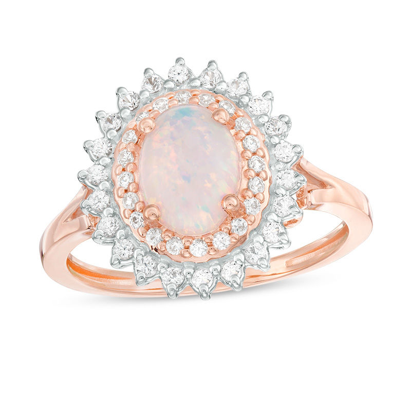 Main Image 1 of Oval Lab-Created Opal and White Sapphire Starburst Frame Ring in 10K Rose Gold