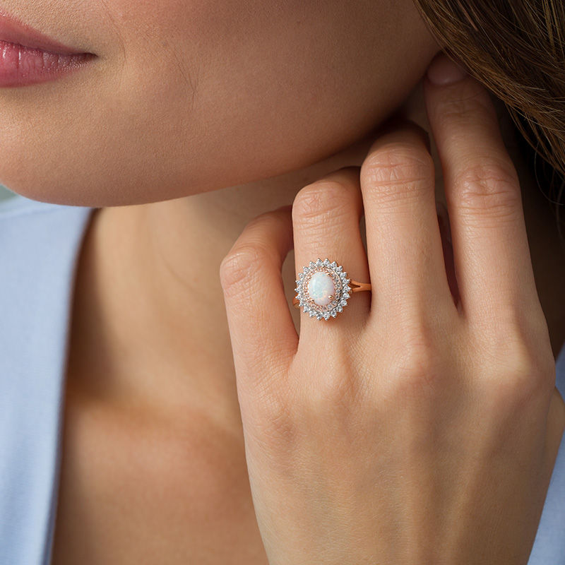 Main Image 2 of Oval Lab-Created Opal and White Sapphire Starburst Frame Ring in 10K Rose Gold