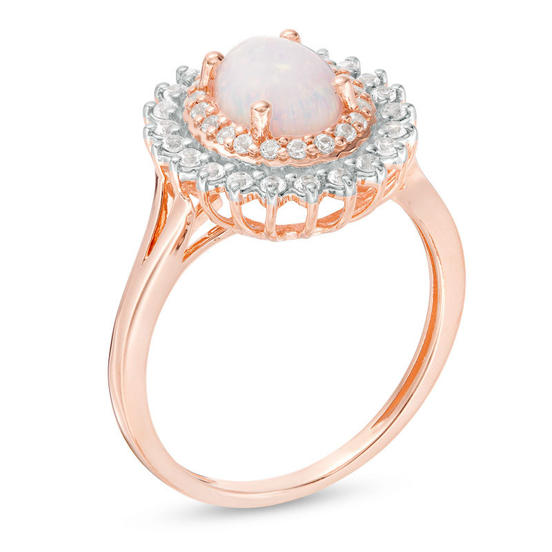 Main Image 3 of Oval Lab-Created Opal and White Sapphire Starburst Frame Ring in 10K Rose Gold