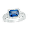 Thumbnail Image 1 of Emerald-Cut Lab-Created Blue and White Sapphire Frame Split Shank Ring in Sterling Silver