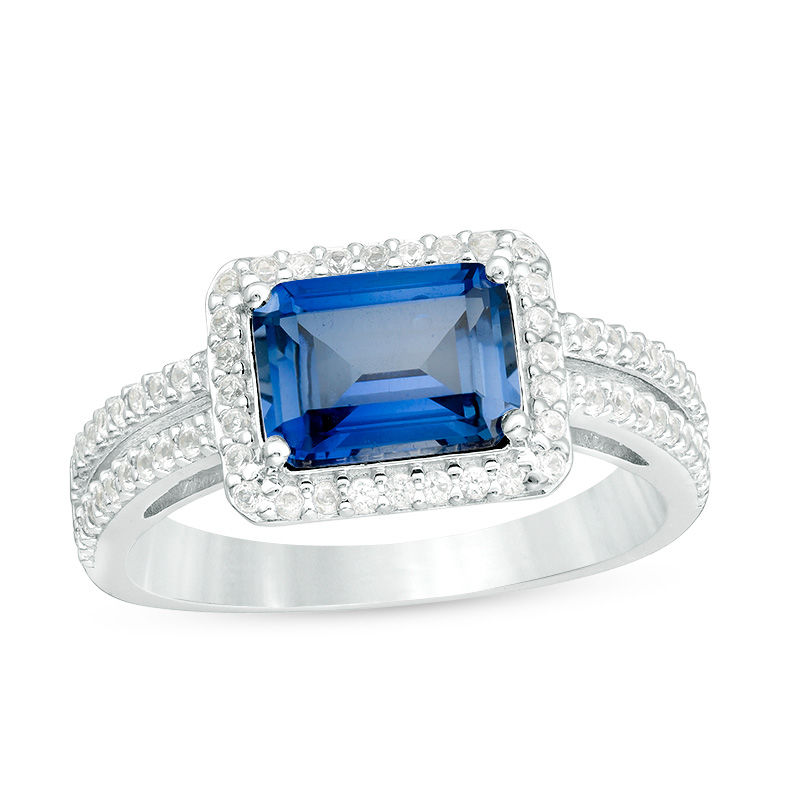 Main Image 1 of Emerald-Cut Lab-Created Blue and White Sapphire Frame Split Shank Ring in Sterling Silver