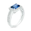 Thumbnail Image 2 of Emerald-Cut Lab-Created Blue and White Sapphire Frame Split Shank Ring in Sterling Silver