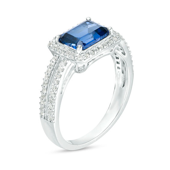 Emerald-Cut Lab-Created Blue and White Sapphire Frame Split Shank Ring in Sterling Silver