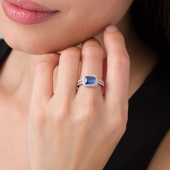 Emerald-Cut Lab-Created Blue and White Sapphire Frame Split Shank Ring in Sterling Silver