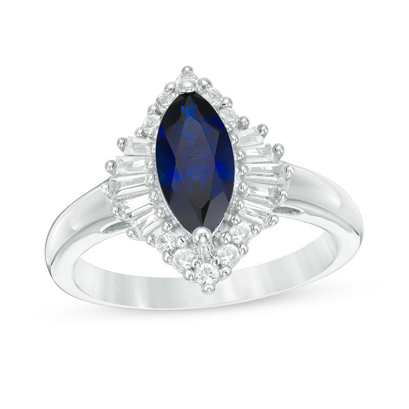 Marquise Lab-Created Blue and White Sapphire Frame Ring in Sterling Silver