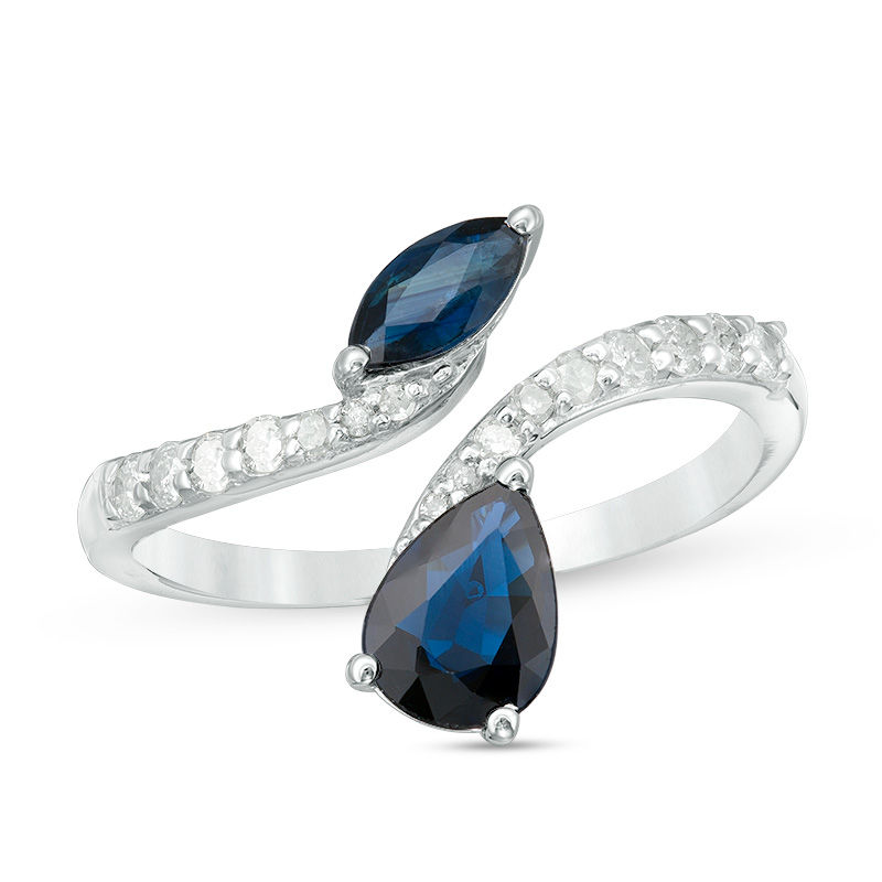 Main Image 1 of Pear-Shaped and Marquise Blue Sapphire and 1/5 CT. T.W. Diamond Bypass Ring in 10K White Gold