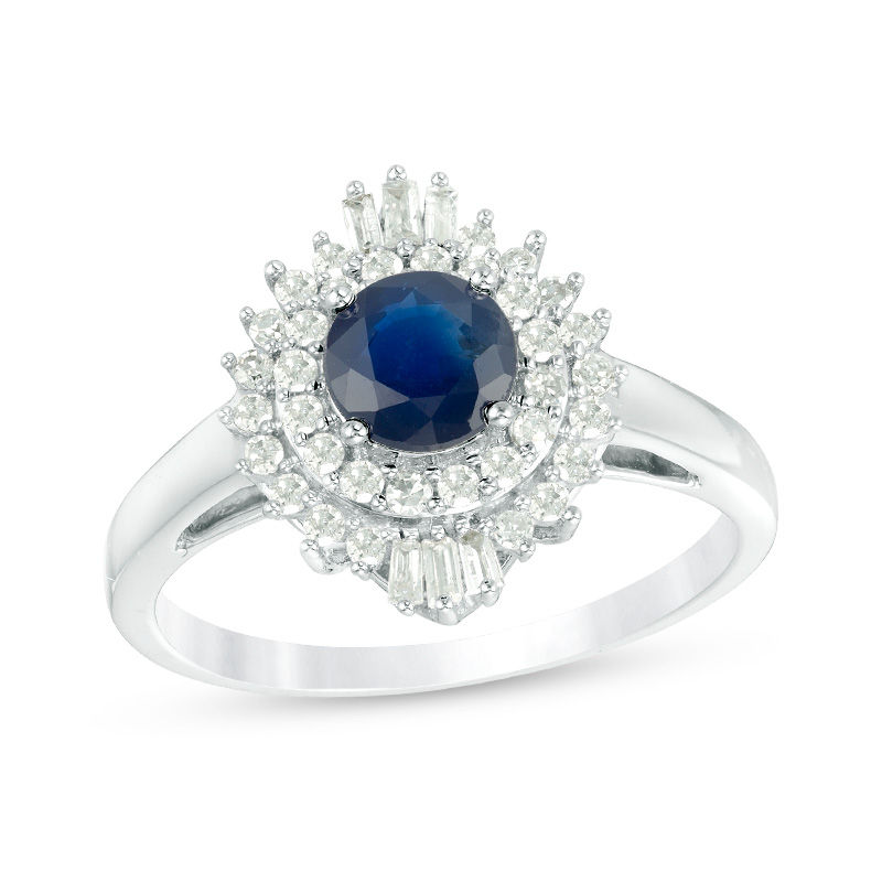 Main Image 1 of 5.0mm Blue Sapphire and 1/3 CT. T.W. Diamond Double Frame Ring in 10K White Gold