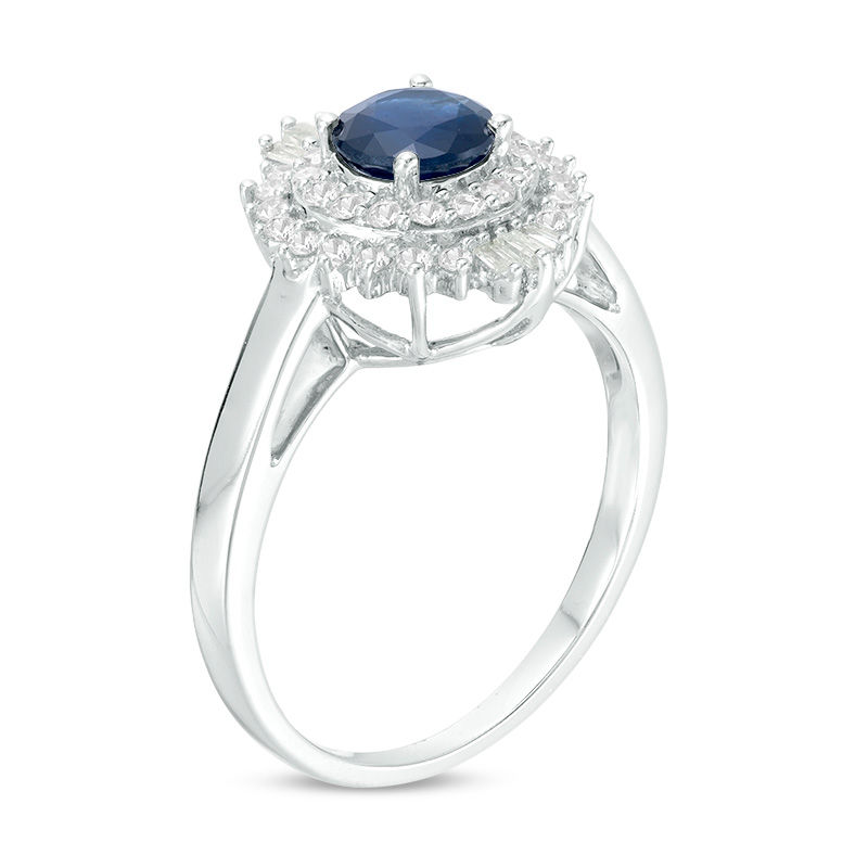 Main Image 2 of 5.0mm Blue Sapphire and 1/3 CT. T.W. Diamond Double Frame Ring in 10K White Gold