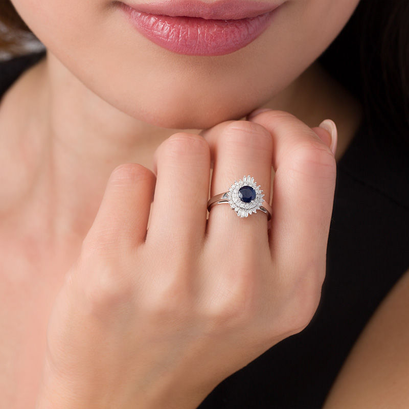 Main Image 3 of 5.0mm Blue Sapphire and 1/3 CT. T.W. Diamond Double Frame Ring in 10K White Gold